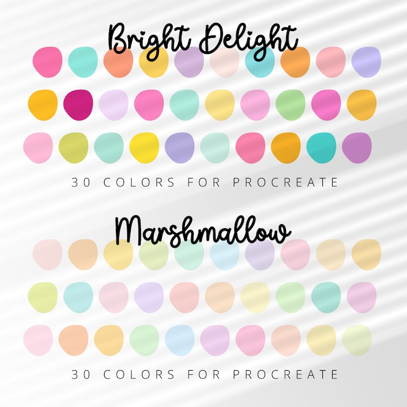 Może przedstawiać: Grafika cyfrowa z dwoma zestawami 30 pr&oacute;bek kolor&oacute;w Procreate. G&oacute;rny zestaw oznaczony jest jako "Bright Delight", a dolny jako "Marshmallow". Każdy zestaw zawiera r&oacute;żnorodne pastelowe kolory, w tym r&oacute;żowy, ż&oacute;łty i niebieski.