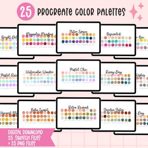 Puede incluir: Una descarga digital de 25 paletas de colores Procreate, cada una mostrada en una pantalla de computadora. Las paletas presentan una variedad de colores y temas, que incluyen "Magnolia Meadow", "Outer Space", "Bejeweled", "Watercolor Wonder", "Pastel Chic", "Rainy Day", "Boho Sunset", "Retro Rewind" y "Garden Gates".