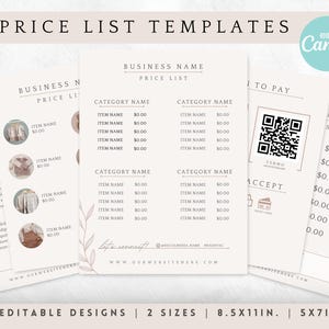 May include: Five editable price list templates in two sizes, 8.5 x 11 inches and 5 x 7 inches. The templates feature a minimalist design with a pink and white color scheme. Each template includes a business name, price list, category name, item name, and price. The templates also include a section for payment methods, such as Venmo and credit card.