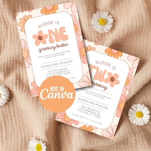 Groovy ONE birthday invitation Pink Daisy Rainbow Groovy 1st Birthday Invite Retro Hippie Party Template Instant Download, Editable Invite