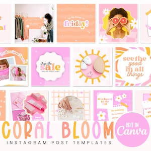 Può includere: Una collezione di modelli per post di Instagram nei toni del corallo e del rosa. I modelli presentano vari design con testo come "make today magical", "friday!" e "shop the sale". L'atmosfera generale è luminosa e allegra.