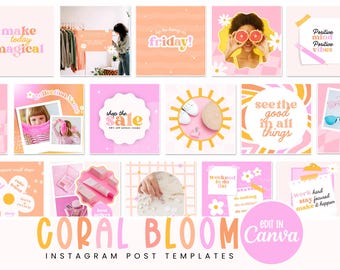 May include: A collection of Instagram post templates in a coral and pink color scheme. The templates feature various designs with text like "make today magical", "friday!", and "shop the sale". The overall theme is bright and cheerful.
