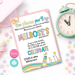May include: A graduation announcement with the text "Oh! the places you'll go" and "Melrose's graduation!" in colorful lettering. A pink graduation cap, a clock, and confetti surround the invitation. The clock shows the time as 10:00.