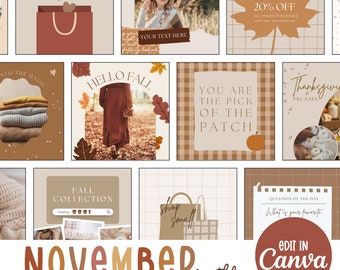 Peut inclure: Un ensemble de dix modèles de publication Instagram pour novembre sur le thème de l'automne. Les modèles comprennent des images de feuilles, de citrouilles, de sacs à provisions et du texte qui dit "Shop Small", "Soldes d'automne", "Bonjour l'automne", "Vous êtes le choix du patch", "Pré-vente de Thanksgiving", "Collection d'automne" et "Question du jour".