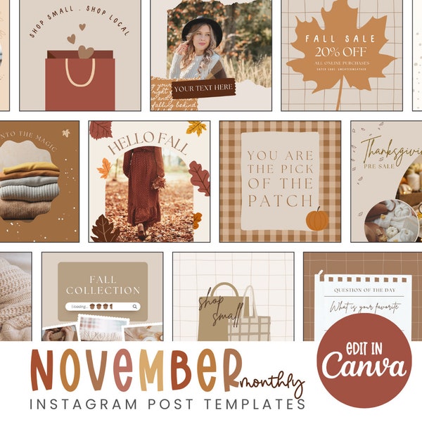 Höstmallar för Instagram Canva, mallar för höstinlägg för Instagram, Instagram-inlägg för Thanksgiving, Instagram-paket för Halloween, Canva-mallar