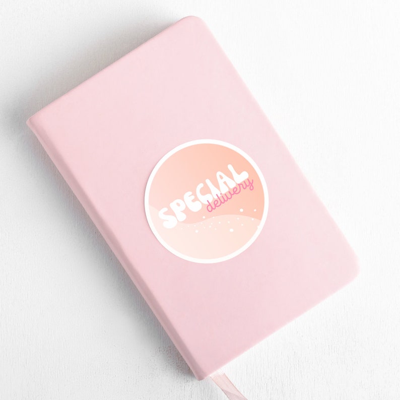 Puede incluir: Una libreta rosa con una pegatina redonda que dice "SPECIAL delivery" en texto blanco con un contorno rosa. La pegatina tiene un fondo degradado de melocot&oacute;n y naranja con puntos blancos.