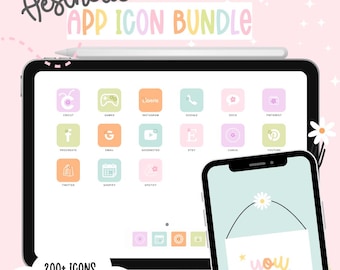 Op de afbeelding: Een digitaal scherm dat een verzameling kleurrijke app-pictogrammen met pastelkleurige achtergronden weergeeft. De pictogrammen zijn in een raster gerangschikt en omvatten populaire apps zoals Instagram, Twitter, Spotify en Google. De tekst "Aesthetic App Icon Bundle" wordt bovenaan het scherm weergegeven. De tekst "200+ Icons 10 Phone Wallpapers" wordt onderaan het scherm weergegeven.