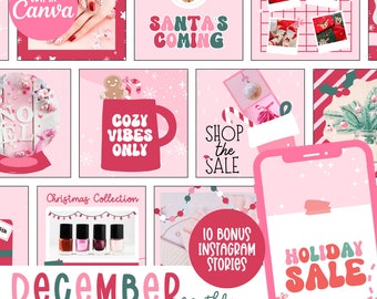 Paquete de plantillas navideñas para Instagram, plantillas para publicaciones de Instagram, plantillas para publicaciones navideñas de Instagram, Canva, plantillas para historias navideñas de Instagram.