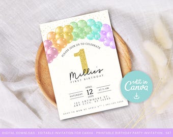 First Birthday Invitation, Pastel Rainbow Birthday Invite, Balloon Birthday Invitation, 1st Birthday Girl, Pastel Rainbow Balloon Arch