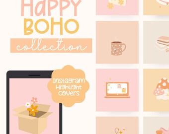 Happy Boho Instagram Story Highlight Covers, Social media icons, Cute boho instagram highlight icons, canva templates, boho instagram icons