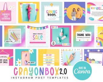 Szablony postów na Instagramie w kolorach tęczy dla serwisu Canva, kolorowe posty na Instagramie, tęczowy branding, pozytywne cytaty na Instagramie, urocze posty na Instagramie