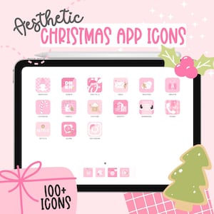 May include: A pink tablet screen displaying a grid of 18 Christmas-themed app icons. The icons are pink with white outlines and feature various holiday-related images, such as candy canes, snowflakes, and Christmas trees. The text "Aesthetic Christmas App Icons" is displayed at the top of the screen. The text "100+ Icons" is displayed below the screen.