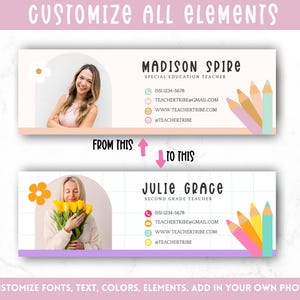 May include: Two customisable teacher business card templates with a pink, yellow and blue colour scheme. The top template features a photo of a woman with a pink background and the text "MADISON SPIRE SPECIAL EDUCATION TEACHER". The bottom template features a photo of a woman holding a bouquet of yellow flowers with a purple background and the text "JULIE GRACE SECOND GRADE TEACHER". Both templates include a phone number, email address, website address and social media handle.