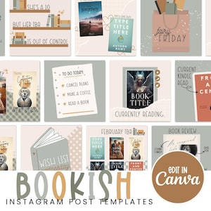 May include: A set of 10 Instagram post templates for book lovers. The templates feature a variety of designs, including a book stack, a wish list, a to-do list, and a book review. The templates are all in a neutral color palette and feature a modern, minimalist aesthetic. The text on the templates includes phrases like "She's a 10 but her TBR is out of control", "To do today: Cancel plans, make a coffee, read a book", "Wish list Wednesday", "Book review", "Currently reading", "February TBR", "Current Kindle read", "Front and center", "Found family", "An inspired life", "Dual POV", "Next read", "Fairy Friday", "Type title here", "Book title", "Author name", "Collections of Poetry", "Edit in Canva", "Bookish", "Instagram post templates".