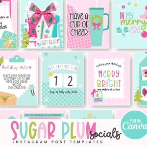 May include: A set of Christmas-themed Instagram post templates in pink, teal, and white. Designs include gift boxes, bows, and festive greetings. Text includes "Merry Christmas", "Have a Cup of Cheer", and "Holiday Orders". The templates are designed for social media.