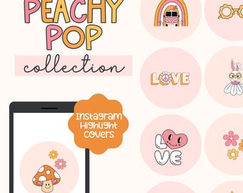 Peachy Pop, Pink Boho Retro Instagram Icons, Retro Instagram Highlight Covers, Groovy Retro Instagram Story Covers, Canva templates