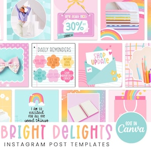 Rainbow Instagram Post Templates Canva, Pastel Rainbow Instagram Templates, Rainbow Branding, Teacher Instagram Templates, Fun Pastels
