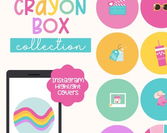 Crayon Box Rainbow Instagram Story Highlight Covers, Instagram templates, rainbow highlight covers, canva template, instagram icons,