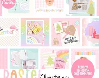 Pastel Christmas Instagram Post templates, Canva Templates, Festive Rainbow Instagram Posts, Holiday Content, Pink Christmas Instagram Posts
