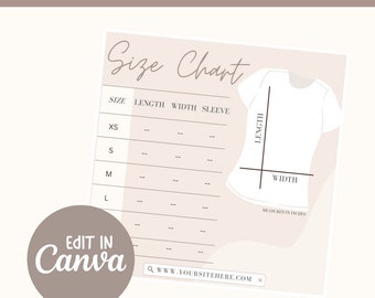 Size Chart, Editable Size Chart template, Canva template design, clothing sizing chart template, customizable size chart, canva