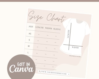 May include: Editable sizing chart for t-shirts with columns for size, length, width, and sleeve. The chart is on a light pink background with a white t-shirt illustration. The text "Edit in Canva" is in a brown circle. The text "www.yoursitehere.com" is at the bottom of the chart.