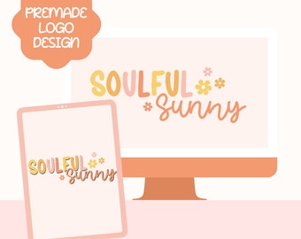 Premade Logo Design, Retro Boho Logo, Groovy Daisy Logo, Retro Pink Logo, Sun logo design