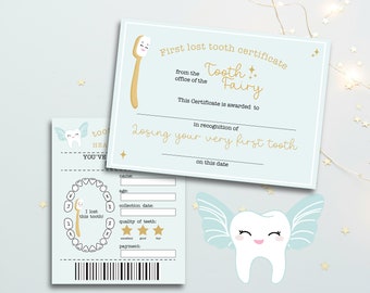 May include: A light blue certificate with gold text that reads "First lost tooth certificate from the office of the Tooth Fairy". The certificate is awarded to someone for losing their very first tooth. There is a tooth fairy illustration with wings and a toothbrush with a smiley face.