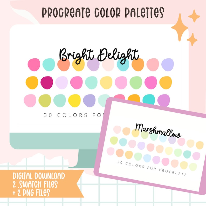 Może przedstawiać: Cyfrowe pobieranie z paletami kolor&oacute;w Procreate. Obraz przedstawia ekran komputera i tablet, każdy z 30 kolorowymi pr&oacute;bkami. Na ekranie widnieje napis "Bright Delight", a na tablecie "Marshmallow".