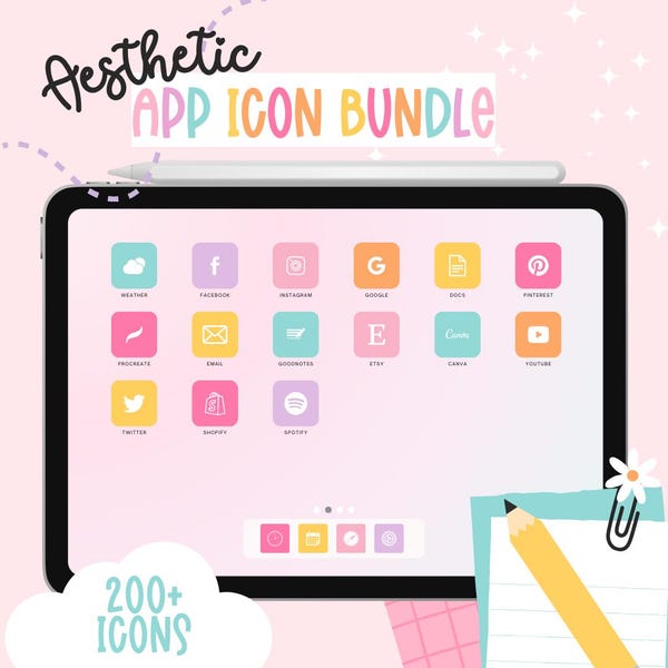 Aesthetic Study and Productivity App Icon Pack | 200+ Cute Pastel Icons for iOS and iPadOS, iPad Pro App icons, Rainbow Pastel icons
