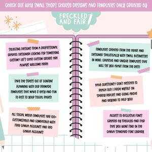 May include: A pink and green notebook with a checklist of reasons why small shops choose designs and templates created by Freckled and Fair. The checklist includes points like custom orders, premade templates, Canva compatibility, and exclusive fonts.