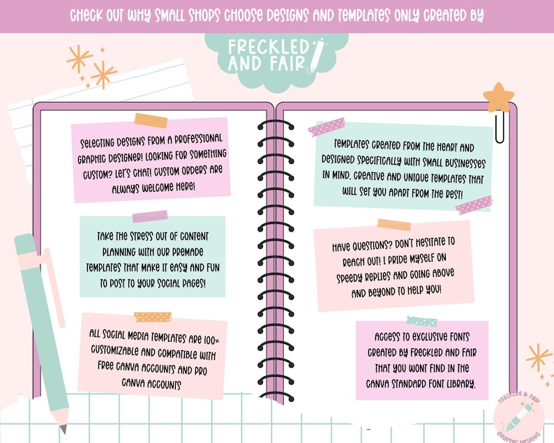 May include: A pink and green notebook with a checklist of reasons why small shops choose designs and templates created by Freckled and Fair. The checklist includes points like custom orders, premade templates, Canva compatibility, and exclusive fonts.