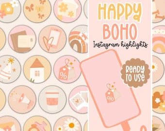 May include: Set of 16 colourful Instagram story highlight covers with boho illustrations. The covers feature a variety of designs, including flowers, rainbows, houses, and more. The text "HAPPY BOHO Instagram highlights" and "READY TO USE" is included in the image.