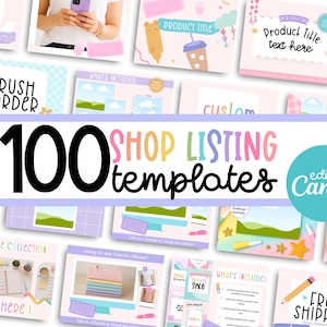 Pode incluir: Uma coleção de 100 modelos de listagem de lojas em cores pastel. Os modelos incluem designs para títulos de produtos, o que está incluído e frete grátis. O texto "100 Shop Listing Templates" é exibido de forma proeminente.