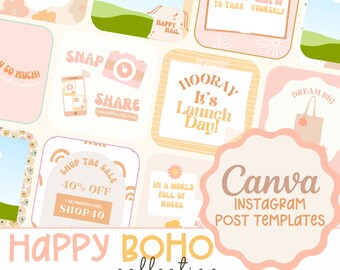 Happy Boho Instagram Post templates, Boho Instagram Templates, Neutral Instagram Post templates, Canva templates, Boho Retro