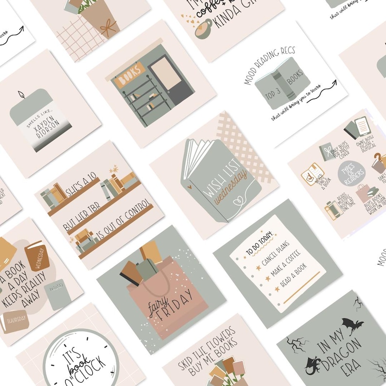 May include: A collection of 12 colorful square cards with book-themed quotes and illustrations. The cards feature a variety of designs, including books, coffee cups, flowers, and dragons. The text on the cards includes phrases like "It's book o'clock", "Wish list Wednesday", and "In my dragon era".