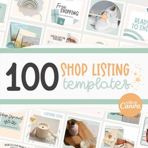 Puede incluir: Una colección de 100 plantillas de listado de tiendas para vendedores de Etsy, con un esquema de color pastel con acentos azul claro, verde y melocotón. Las plantillas están diseñadas para ser editadas en Canva e incluyen cuadros de texto para descripciones de productos, precios e información de la tienda. El texto "100 plantillas de listado de tiendas" se muestra en una fuente grande y en negrita, con las palabras "editar en Canva" debajo.