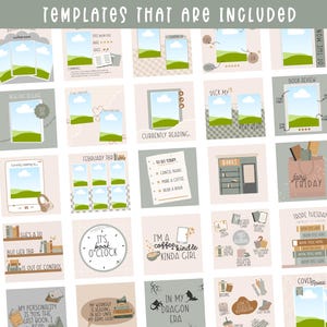 May include: A set of 25 Instagram story templates for book lovers. The templates feature a variety of designs, including illustrations of books, coffee cups, and landscapes. The text on the templates includes phrases like "Currently Reading", "Book Review", and "TBR List".