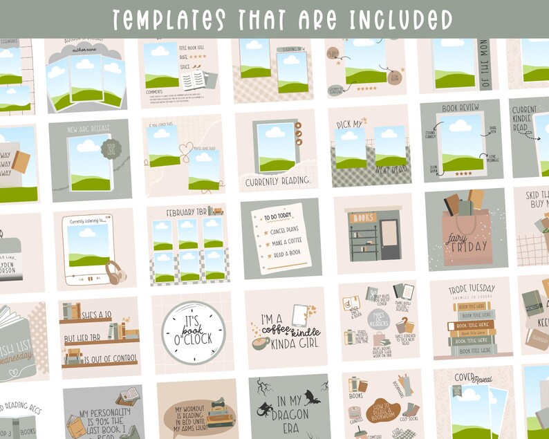 May include: A set of 25 Instagram story templates for book lovers. The templates feature a variety of designs, including illustrations of books, coffee cups, and landscapes. The text on the templates includes phrases like "Currently Reading", "Book Review", and "TBR List".