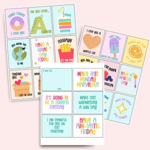 Op de afbeelding: Een set van 18 kleurrijke, printbare kaarten met bemoedigende berichten voor elke dag van de week. De kaarten bevatten illustraties van donuts, wafels, ijs en andere leuke afbeeldingen.