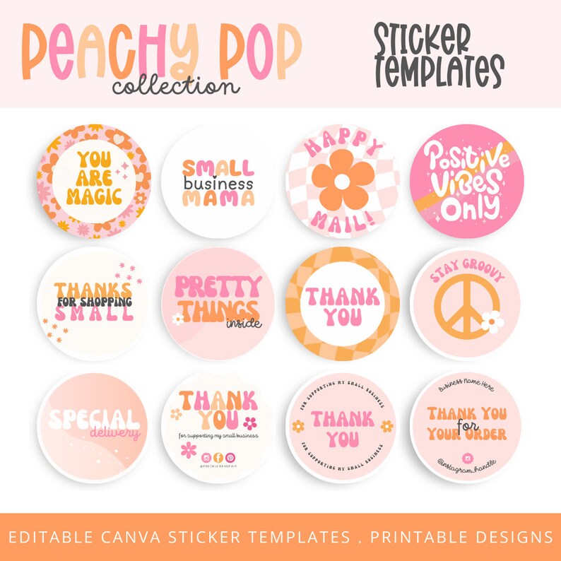 Puede incluir: Nueve plantillas de pegatinas redondas en tonos melocot&oacute;n, rosa y naranja. Las pegatinas presentan varias frases como "Eres m&aacute;gico", "Mam&aacute; de peque&ntilde;a empresa", "Correo feliz", "Vibraciones positivas solo", "Gracias por comprar en peque&ntilde;as empresas", "Cosas bonitas dentro", "Gracias", "Entrega especial", "Gracias por apoyar mi peque&ntilde;a empresa", "Gracias" y "Gracias por tu pedido".