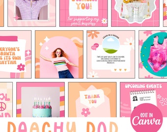 Pink Retro Instagram Post Templates, Bright Pink instagram templates, daisy retro instagram post, social media post template, groovy pink