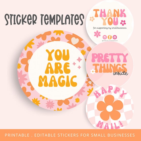 Retro Groovy Sticker Templates, Thank you stickers, canva sticker templates, small business labels, printable sticker designs, pink retro
