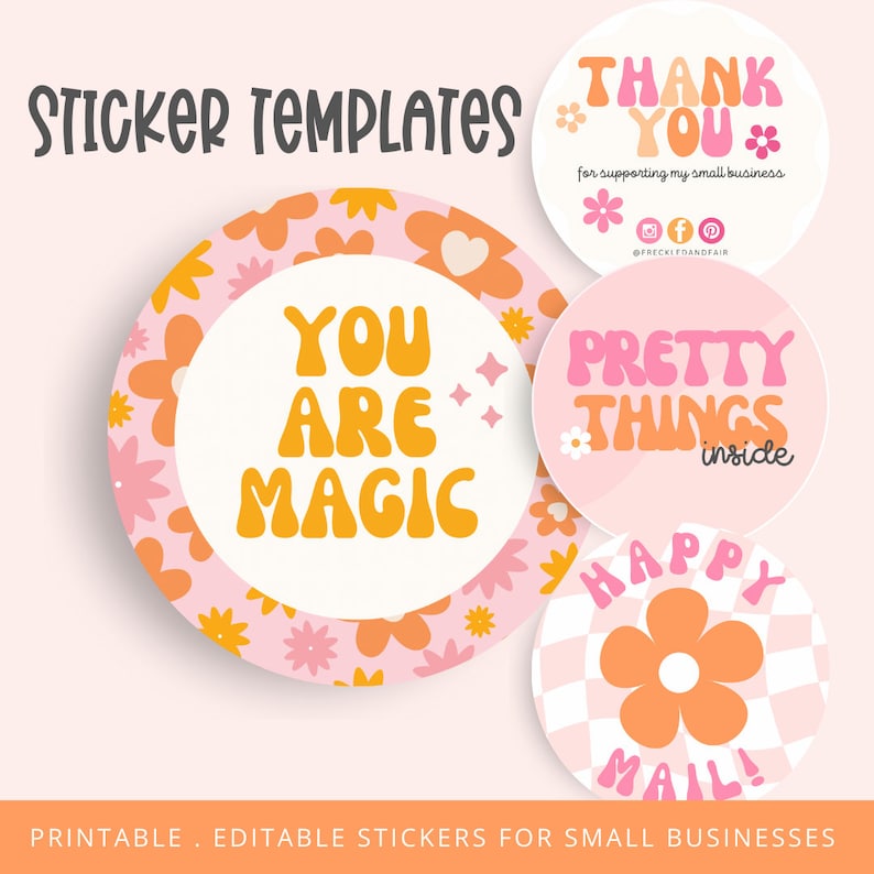 Puede incluir: Cuatro plantillas de pegatinas redondas con dise&ntilde;os florales rosas y naranjas. Las pegatinas muestran el texto "Gracias", "Eres magia", "Cosas bonitas dentro" y "&iexcl;Feliz correo!"