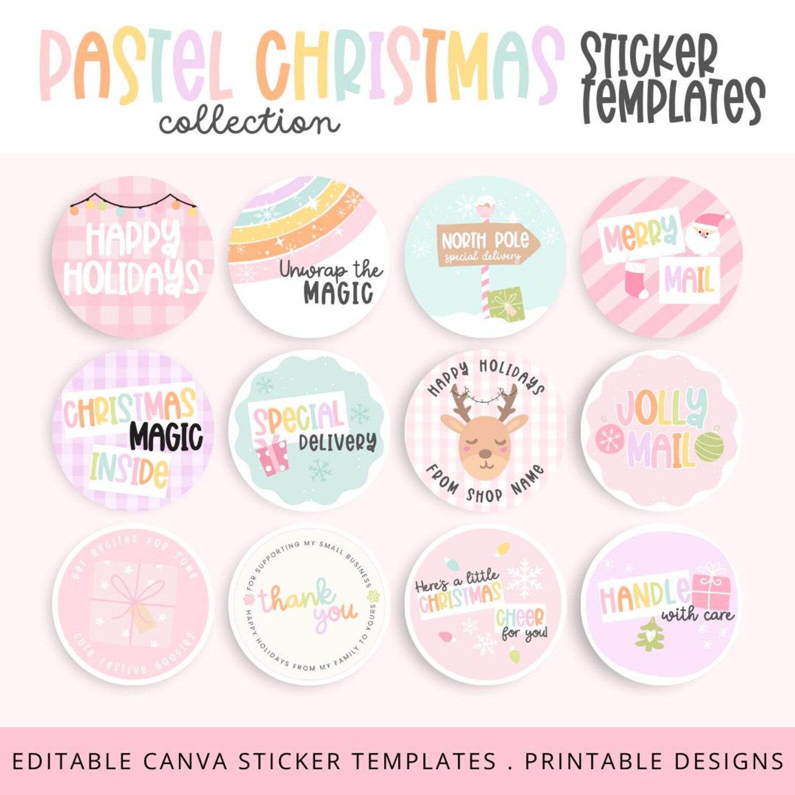 Pastel Rainbow Packaging Stickers Canva, Christmas Sticker Templates ...