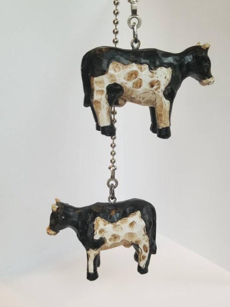 Set Of Two Farm Cows Country Side Primitive Ceiling Fan Light Kit Silver Beaded Pull Chain Set