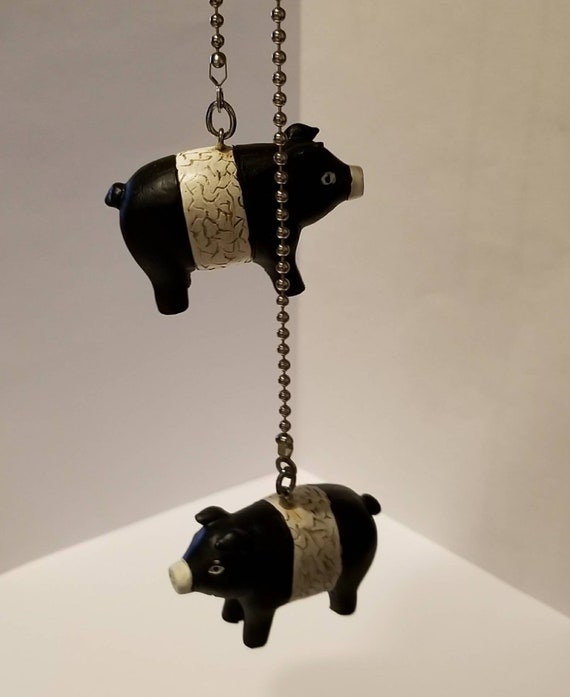 Set Of Two Primitive Farm Pigs Country Side Ceiling Fan Light Kit Silver Beaded Pull Chain Set Black And White