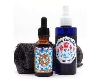 Argan and Rose Oil Gift Set, Organic Vegan Skincare, Rose Water and Flannel