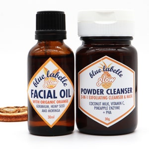 Veganes Hautpflege Set: Vitamin C Pulver Reiniger + Moringa Hanf Gesichtsöl