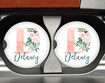 Watercolor Peony Floral Monogram Car Coasters (Set of 2) - Personalized Absorbant Sandstone or Fabric Coaster for Car Cup Holder