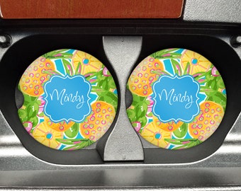Tropical Pineapple Car Coasters (Set of 2) - Personalized Absorbant Coaster for Car Cup Holder with Preppy Pineapples - Sandstone or Fabric